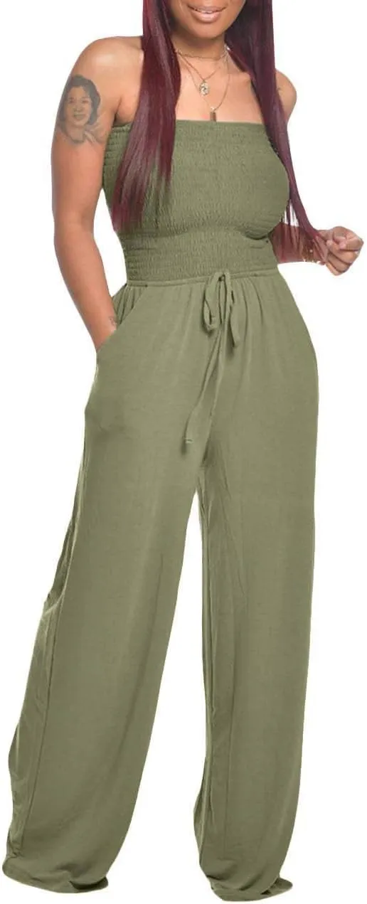 ECDAHICC Women's Strapless Tube Top Rompers Casual Off Shoulder Solid Color Belted Wide Leg Jumpsuit with Pockets