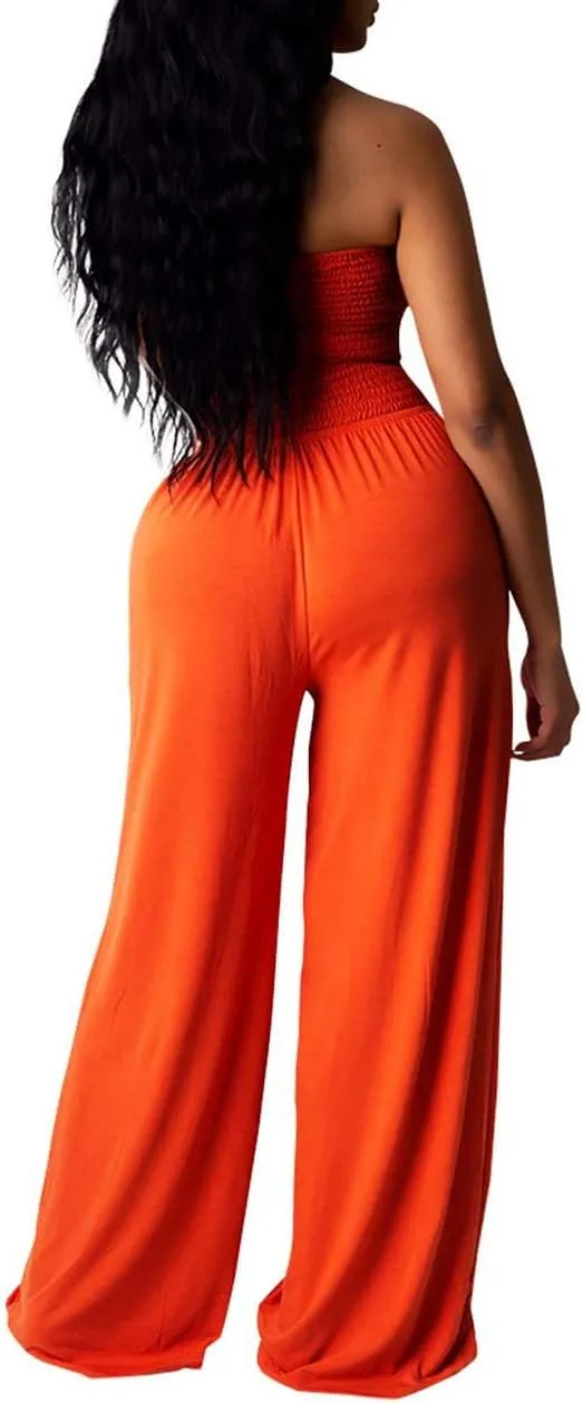 ECDAHICC Women's Strapless Tube Top Rompers Casual Off Shoulder Solid Color Belted Wide Leg Jumpsuit with Pockets