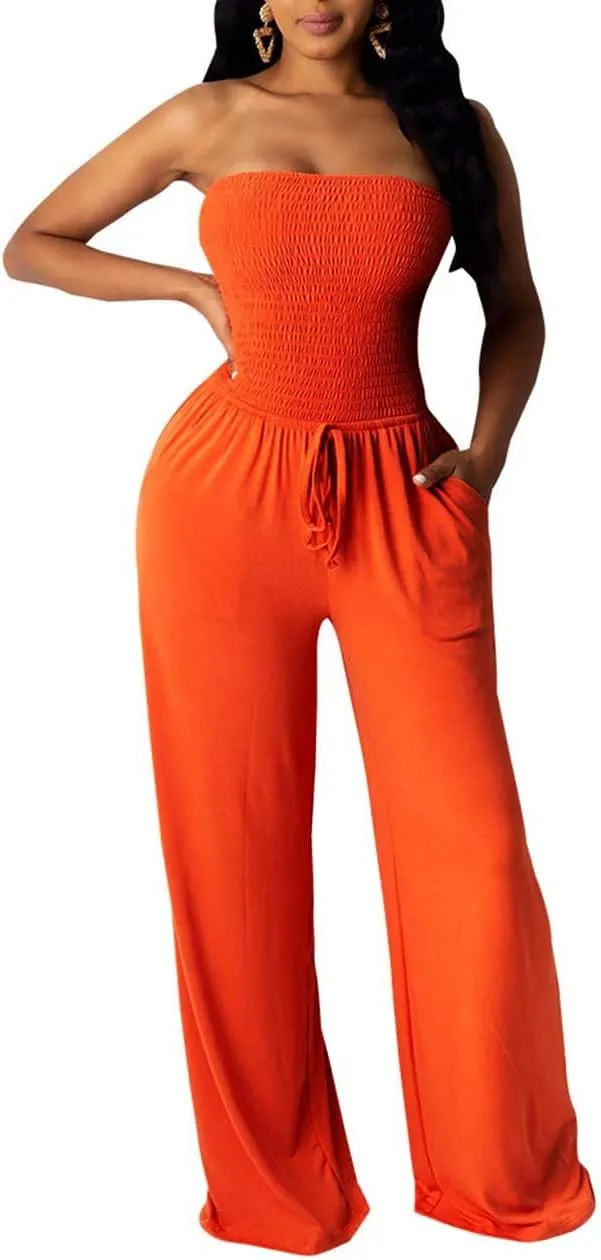 ECDAHICC Women's Strapless Tube Top Rompers Casual Off Shoulder Solid Color Belted Wide Leg Jumpsuit with Pockets