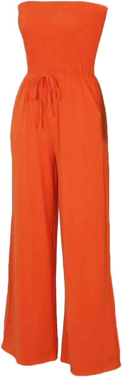 ECDAHICC Women's Strapless Tube Top Rompers Casual Off Shoulder Solid Color Belted Wide Leg Jumpsuit with Pockets