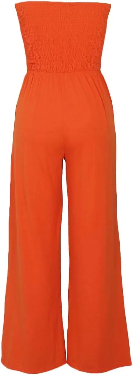 ECDAHICC Women's Strapless Tube Top Rompers Casual Off Shoulder Solid Color Belted Wide Leg Jumpsuit with Pockets