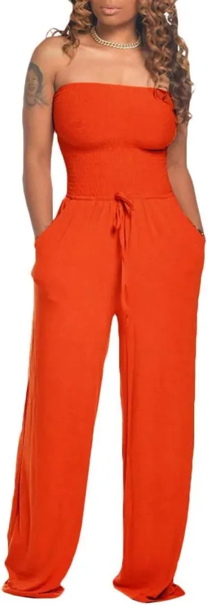 ECDAHICC Women's Strapless Tube Top Rompers Casual Off Shoulder Solid Color Belted Wide Leg Jumpsuit with Pockets