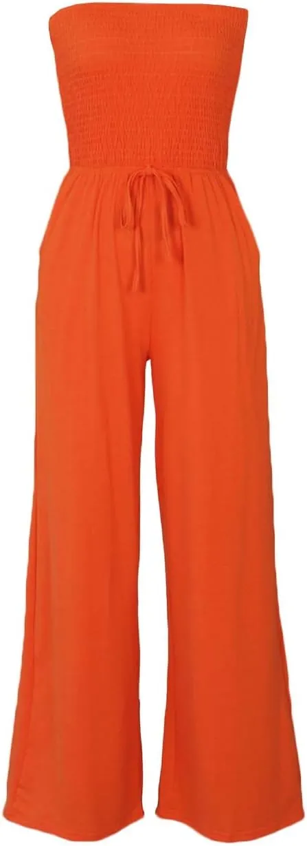 ECDAHICC Women's Strapless Tube Top Rompers Casual Off Shoulder Solid Color Belted Wide Leg Jumpsuit with Pockets