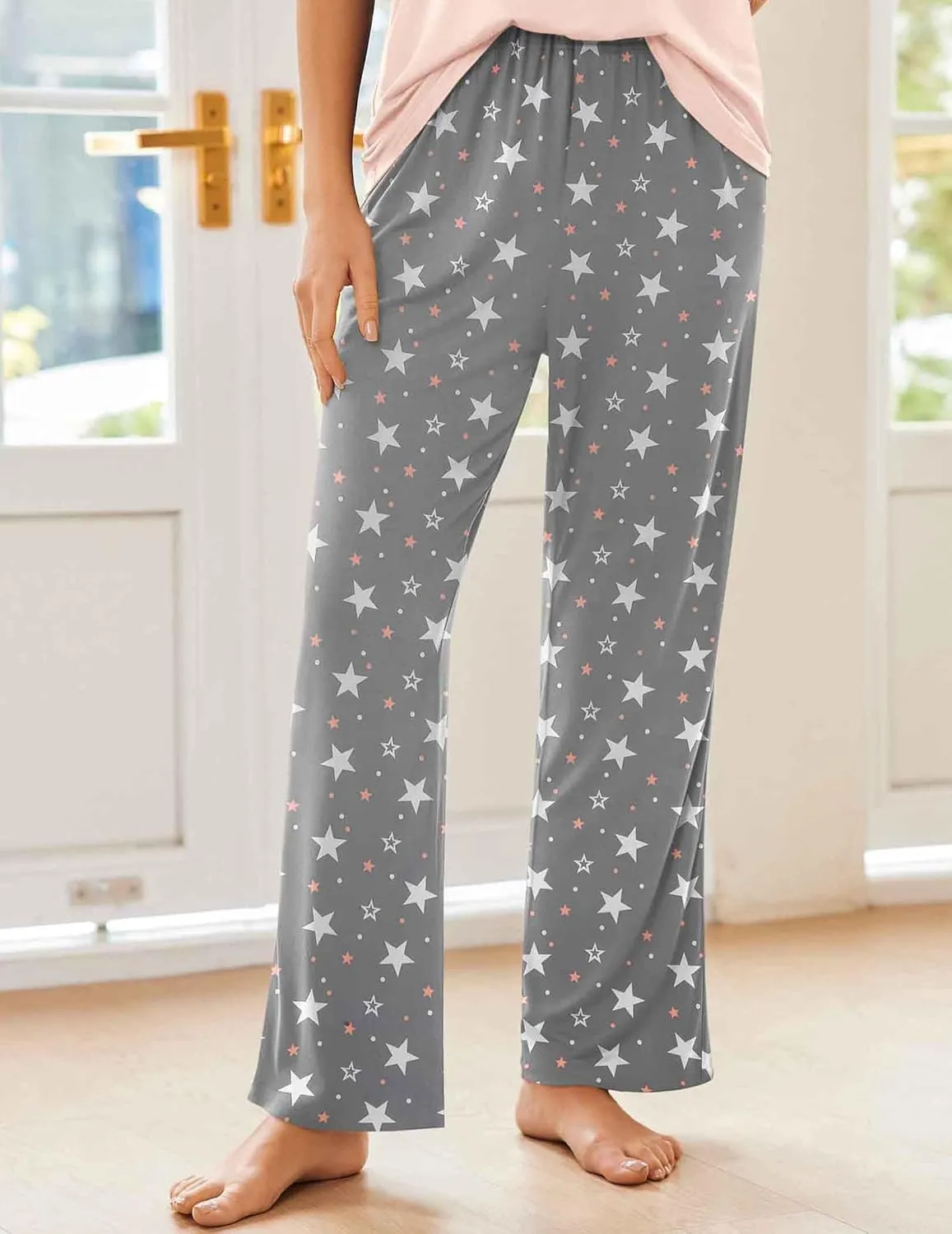 Ekouaer Pajama Sets For Women 2 Piece Short Sleeve Pj Sets With Long Printed Pants Sleepwear Casual Loose Lounge Sets