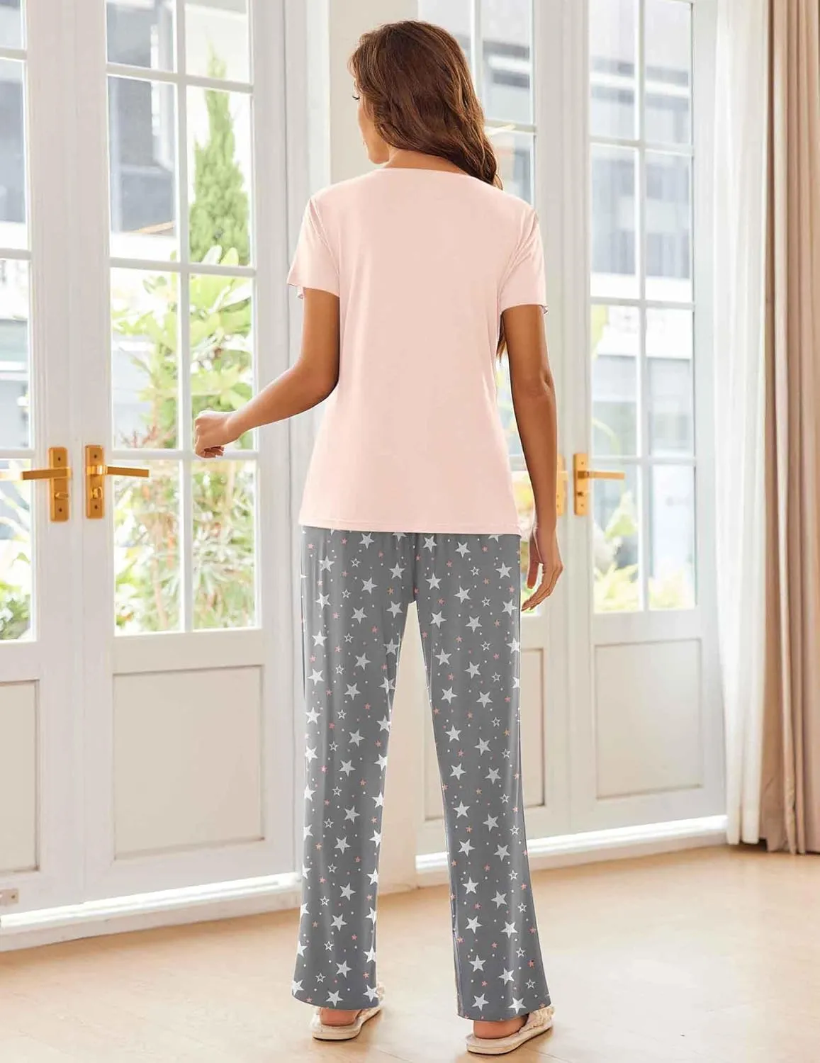 Ekouaer Pajama Sets For Women 2 Piece Short Sleeve Pj Sets With Long Printed Pants Sleepwear Casual Loose Lounge Sets
