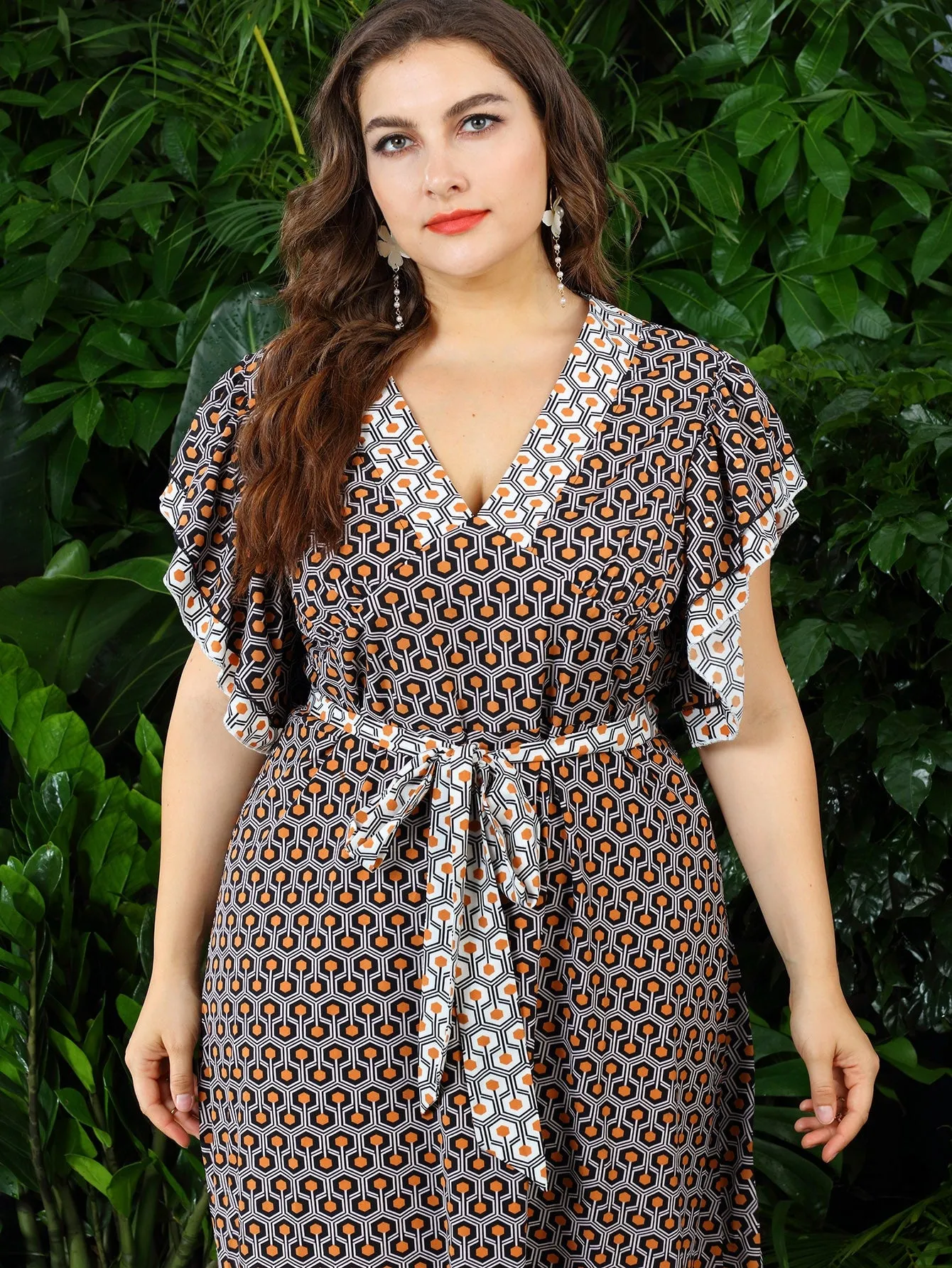 Elegant All Over Print Ruffle Short Sleeve V Neck Flared High Waist Long Plus Size Dress