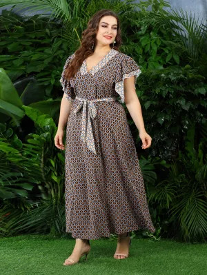 Elegant All Over Print Ruffle Short Sleeve V Neck Flared High Waist Long Plus Size Dress