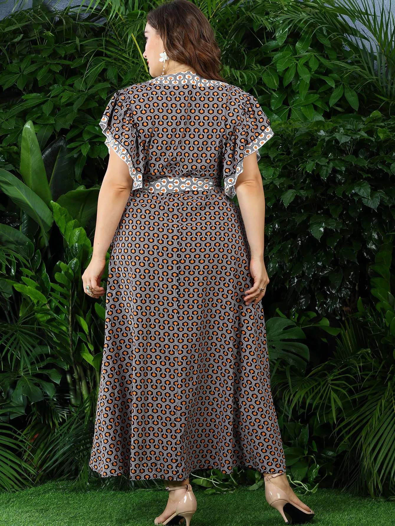 Elegant All Over Print Ruffle Short Sleeve V Neck Flared High Waist Long Plus Size Dress