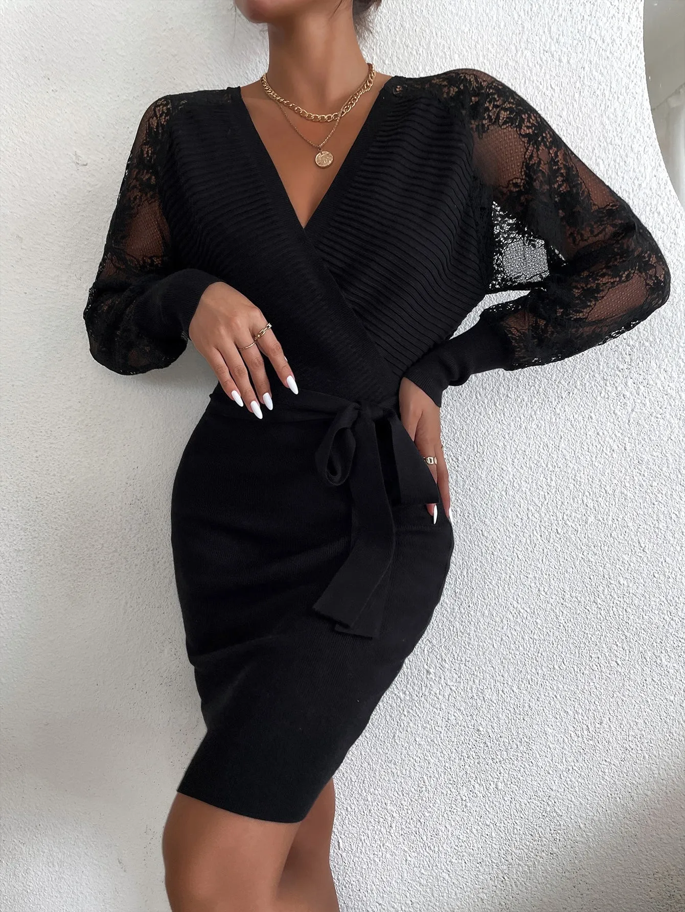 Elegant Plain Contrast Lace Long Sleeve V Neck Pencil High Waist Short Women Sweater Dress