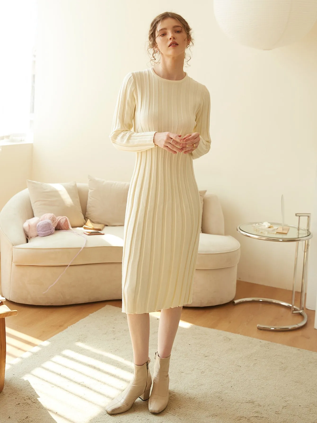 Elegant Plain Rib-Knit Long Sleeve Round Neck Pencil Natural Midi Women Sweater Dress
