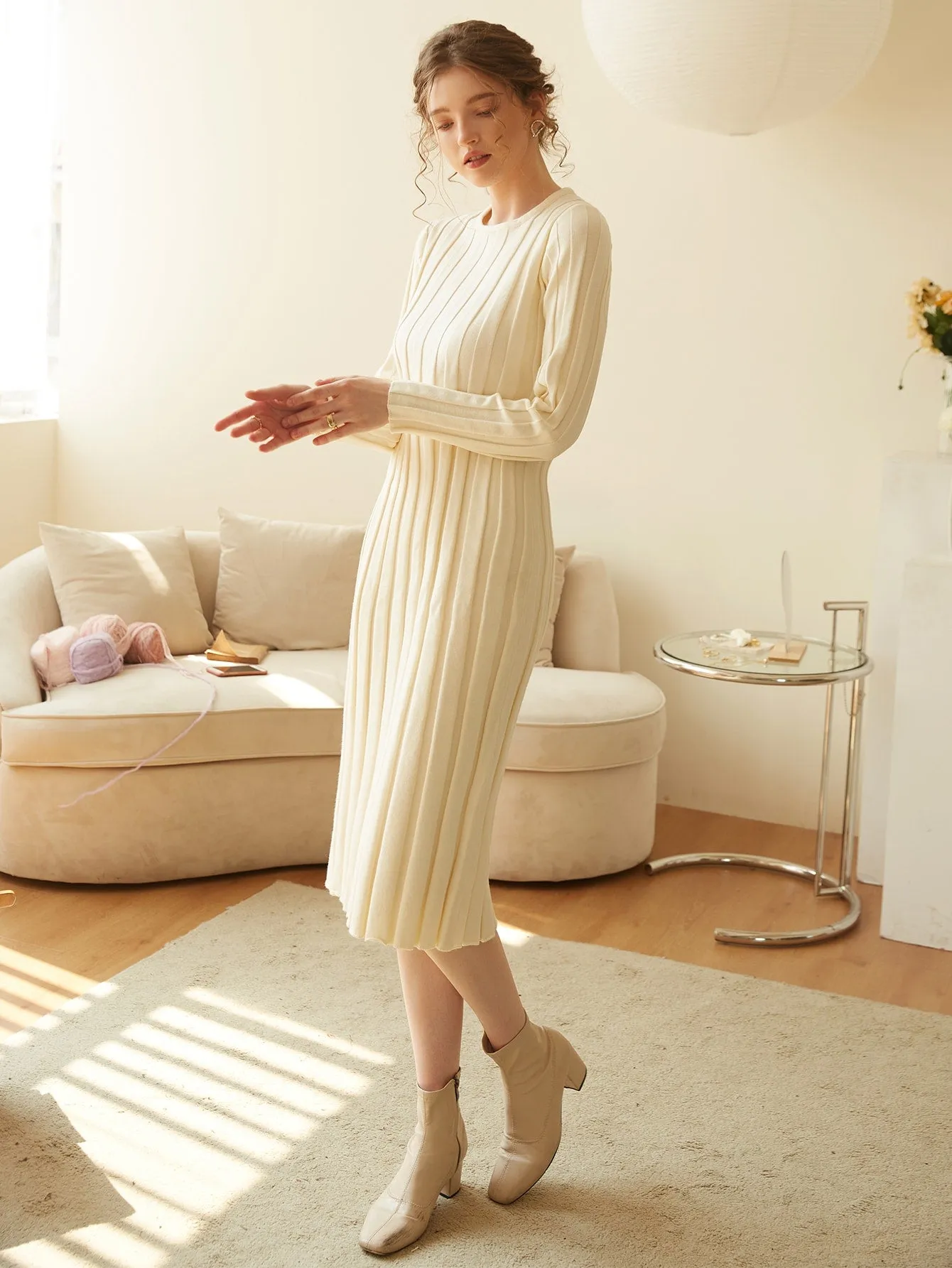 Elegant Plain Rib-Knit Long Sleeve Round Neck Pencil Natural Midi Women Sweater Dress