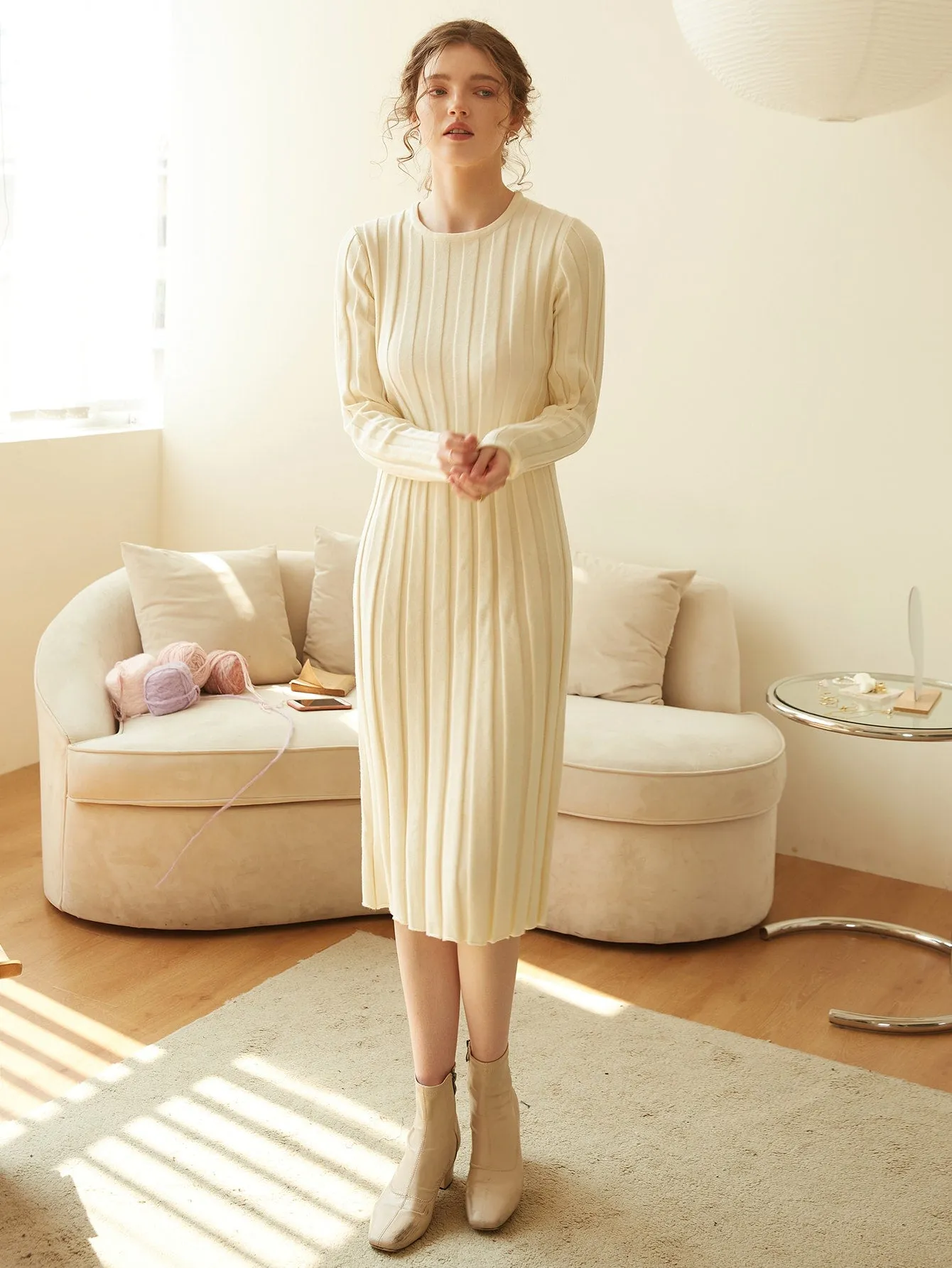 Elegant Plain Rib-Knit Long Sleeve Round Neck Pencil Natural Midi Women Sweater Dress