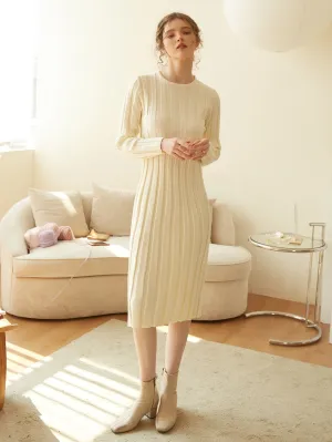 Elegant Plain Rib-Knit Long Sleeve Round Neck Pencil Natural Midi Women Sweater Dress