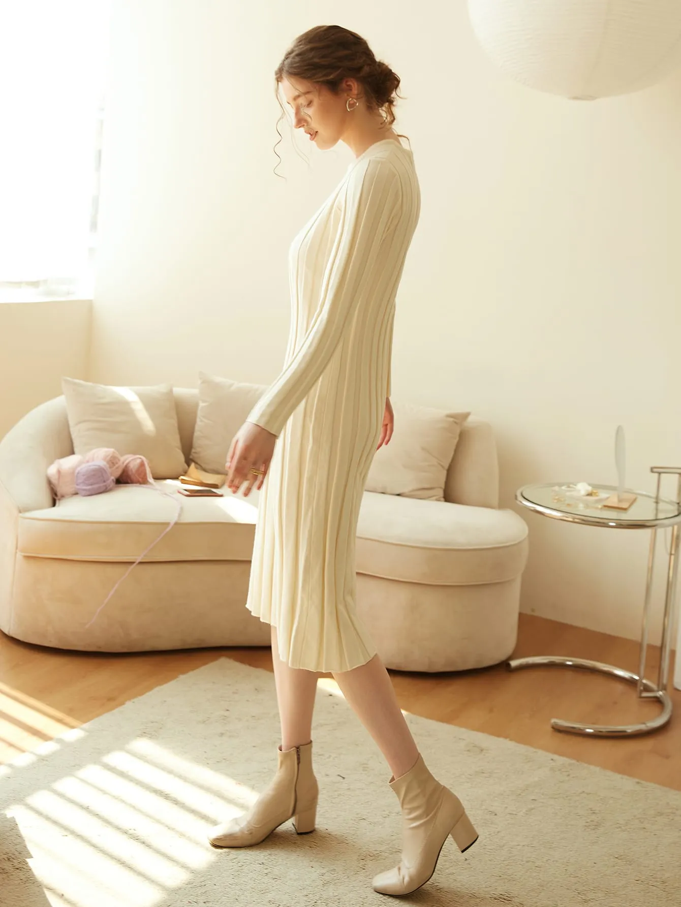 Elegant Plain Rib-Knit Long Sleeve Round Neck Pencil Natural Midi Women Sweater Dress