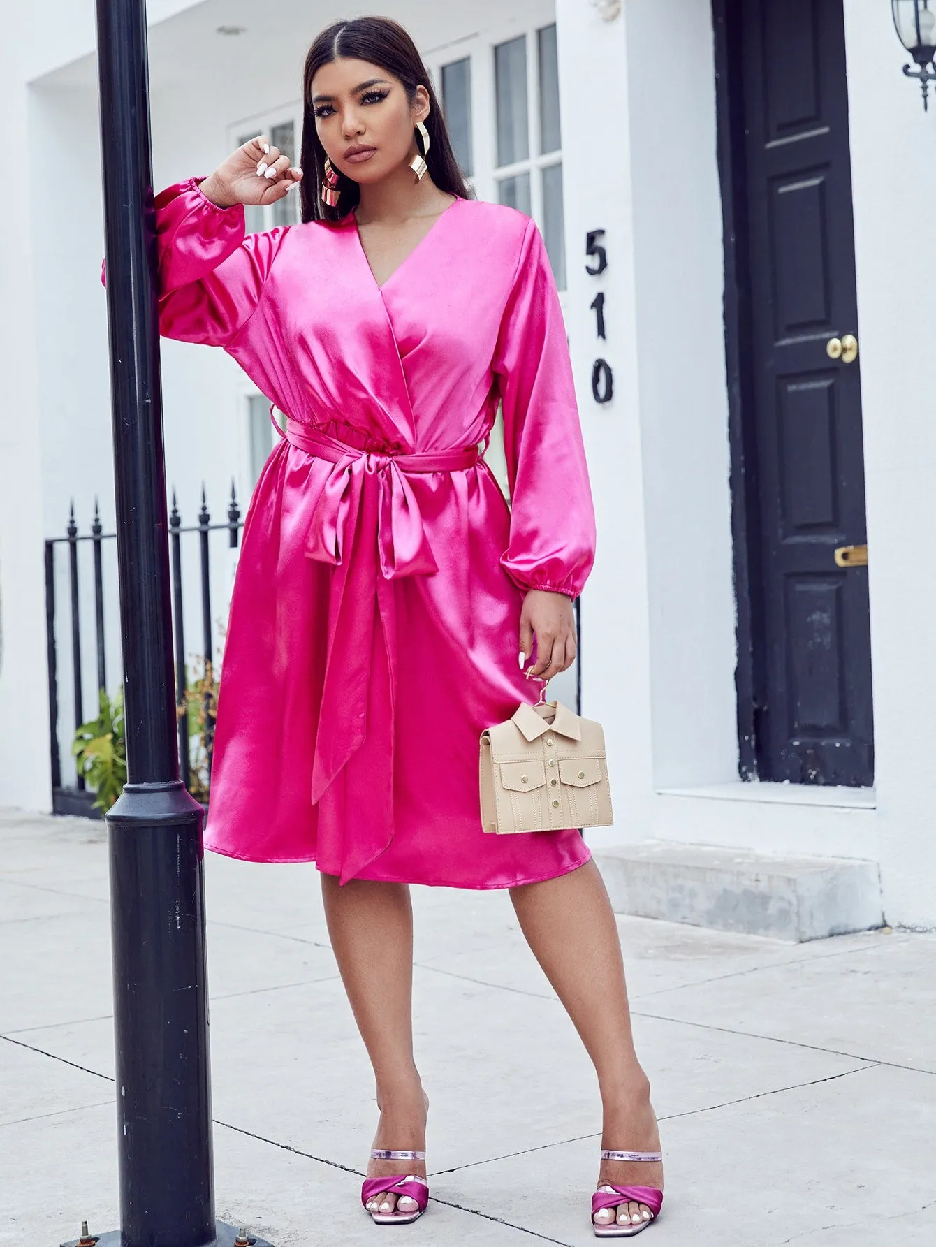Elegant Plain Wrap Long Sleeve V Neck Flared High Waist Midi Plus Size Dress