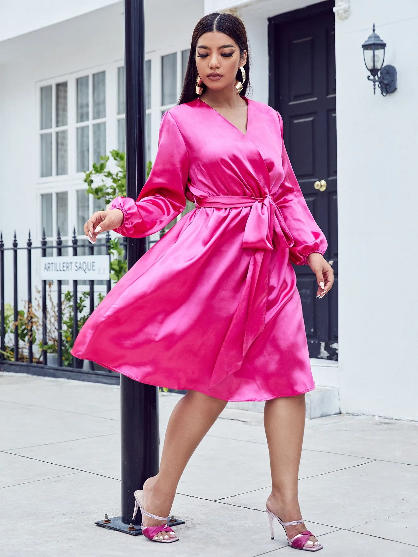 Elegant Plain Wrap Long Sleeve V Neck Flared High Waist Midi Plus Size Dress