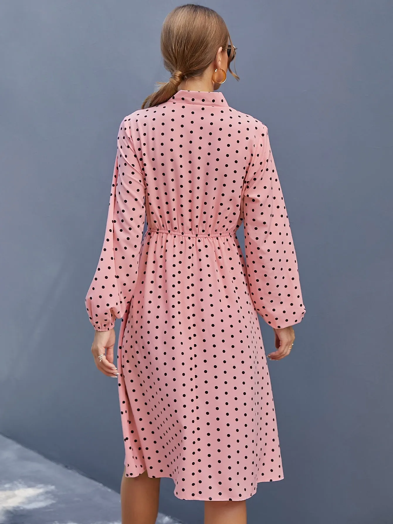 Elegant Polka Dot Tie Front Long Sleeve Tie Neck Flared High Waist Midi Dress