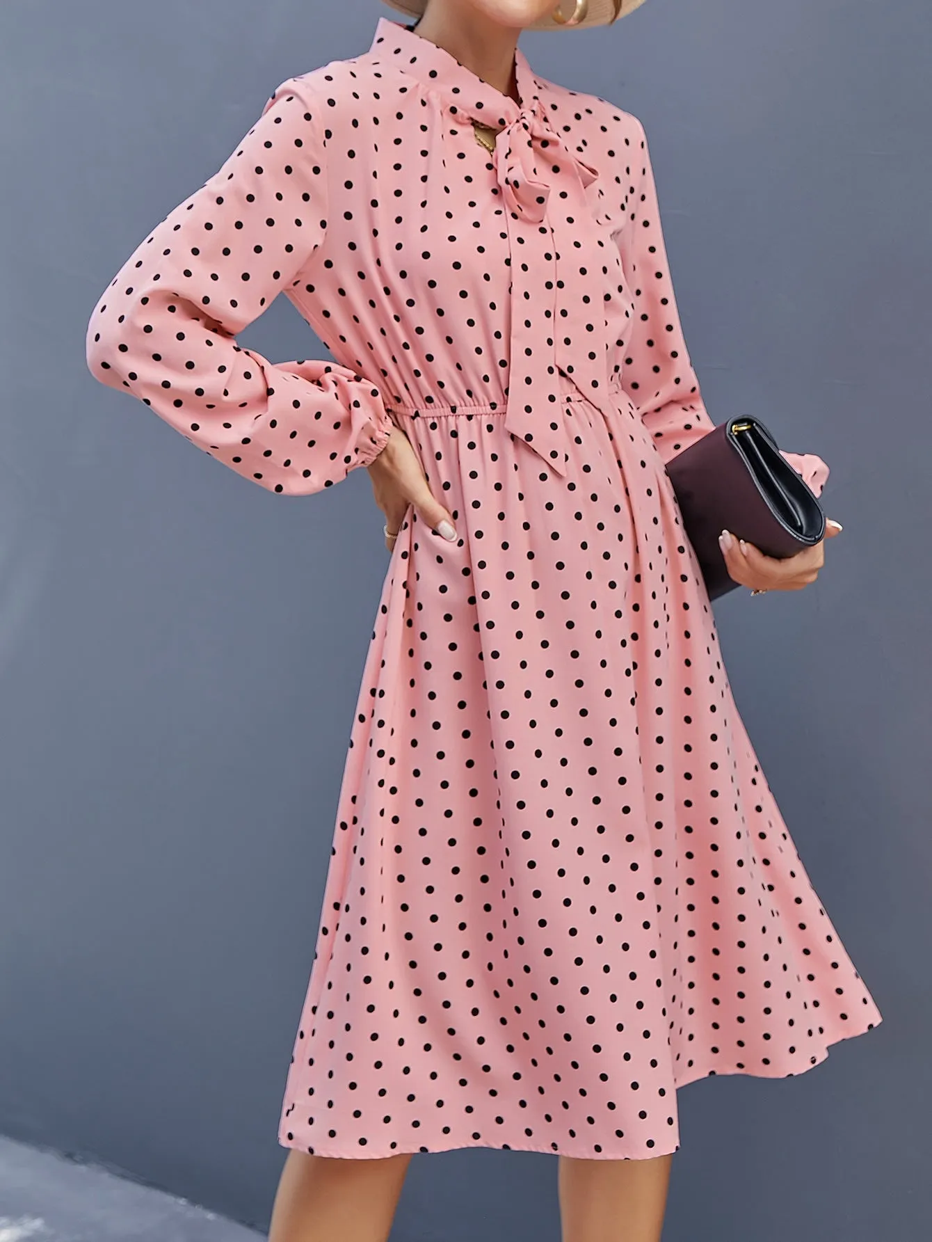 Elegant Polka Dot Tie Front Long Sleeve Tie Neck Flared High Waist Midi Dress