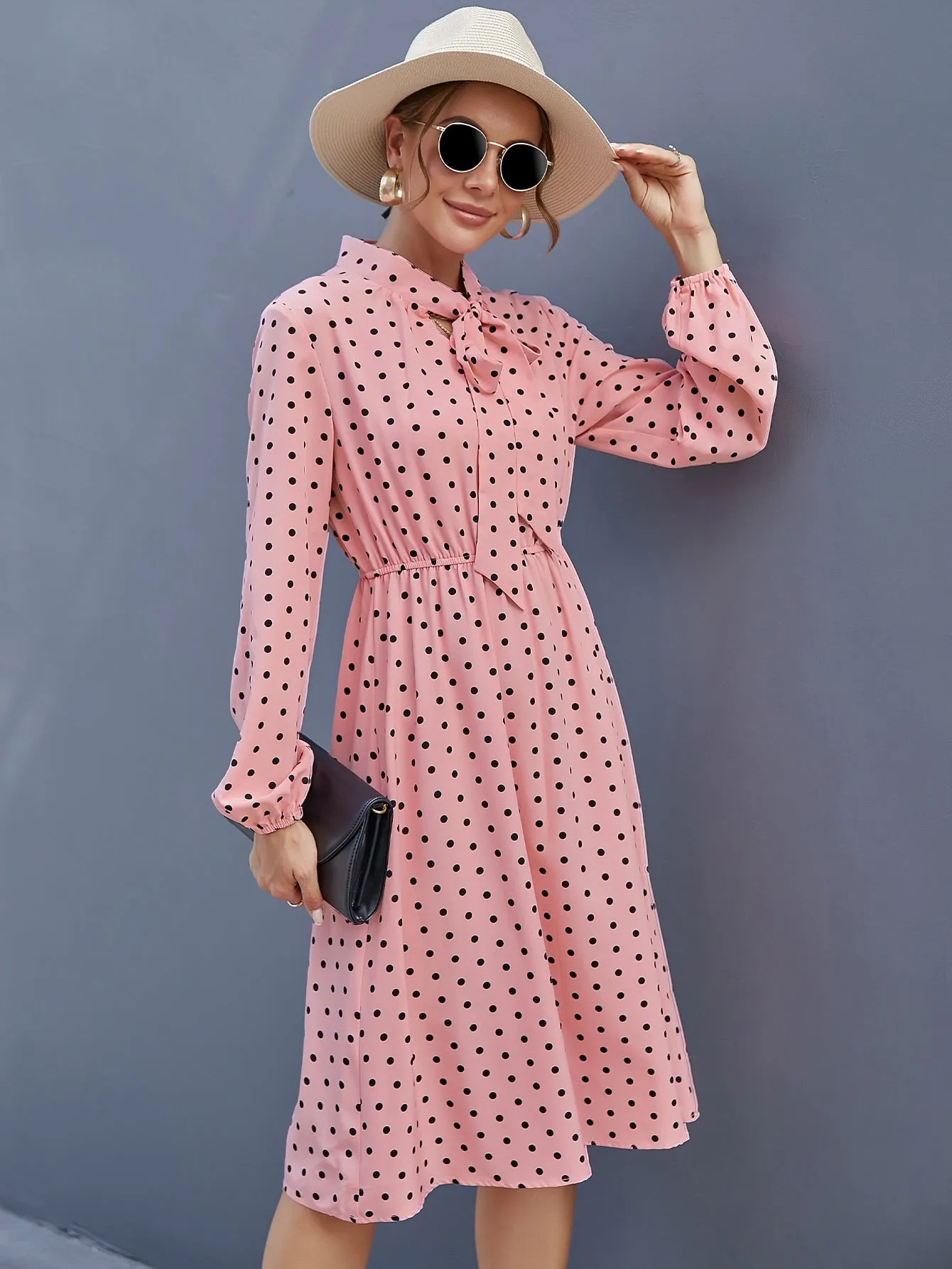 Elegant Polka Dot Tie Front Long Sleeve Tie Neck Flared High Waist Midi Dress