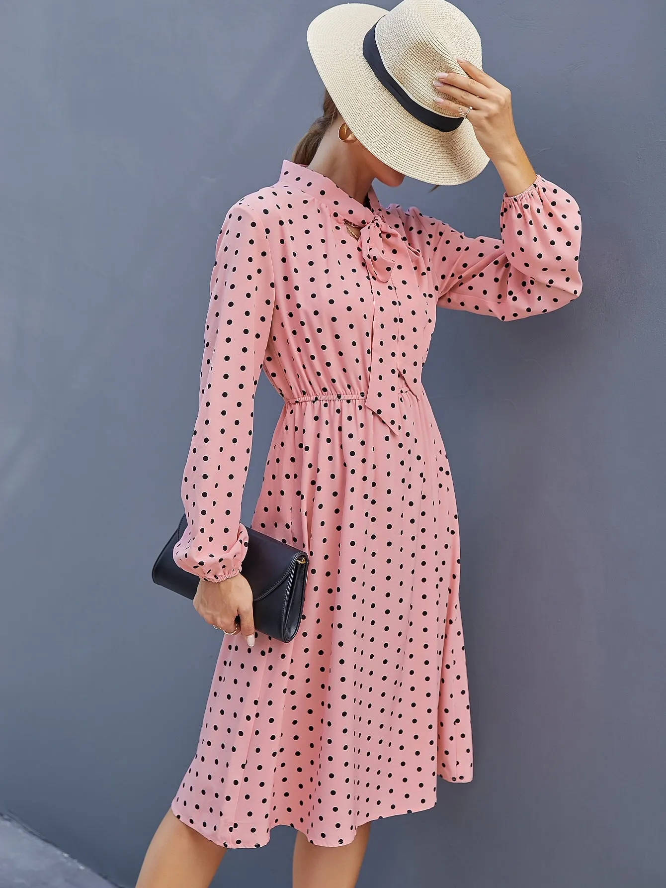 Elegant Polka Dot Tie Front Long Sleeve Tie Neck Flared High Waist Midi Dress