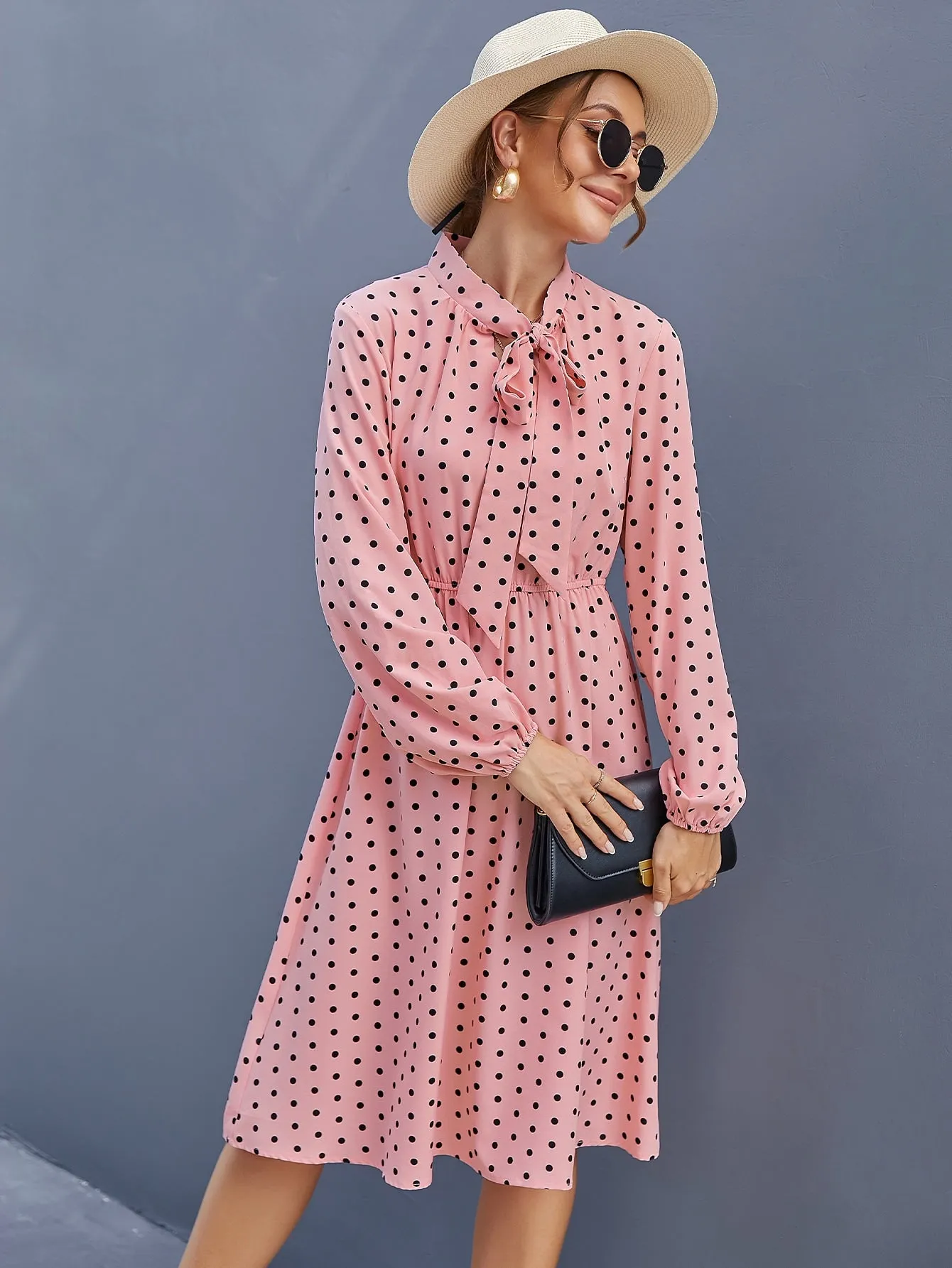 Elegant Polka Dot Tie Front Long Sleeve Tie Neck Flared High Waist Midi Dress