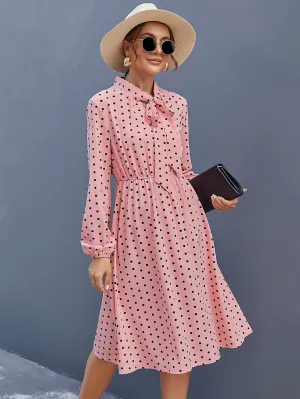 Elegant Polka Dot Tie Front Long Sleeve Tie Neck Flared High Waist Midi Dress