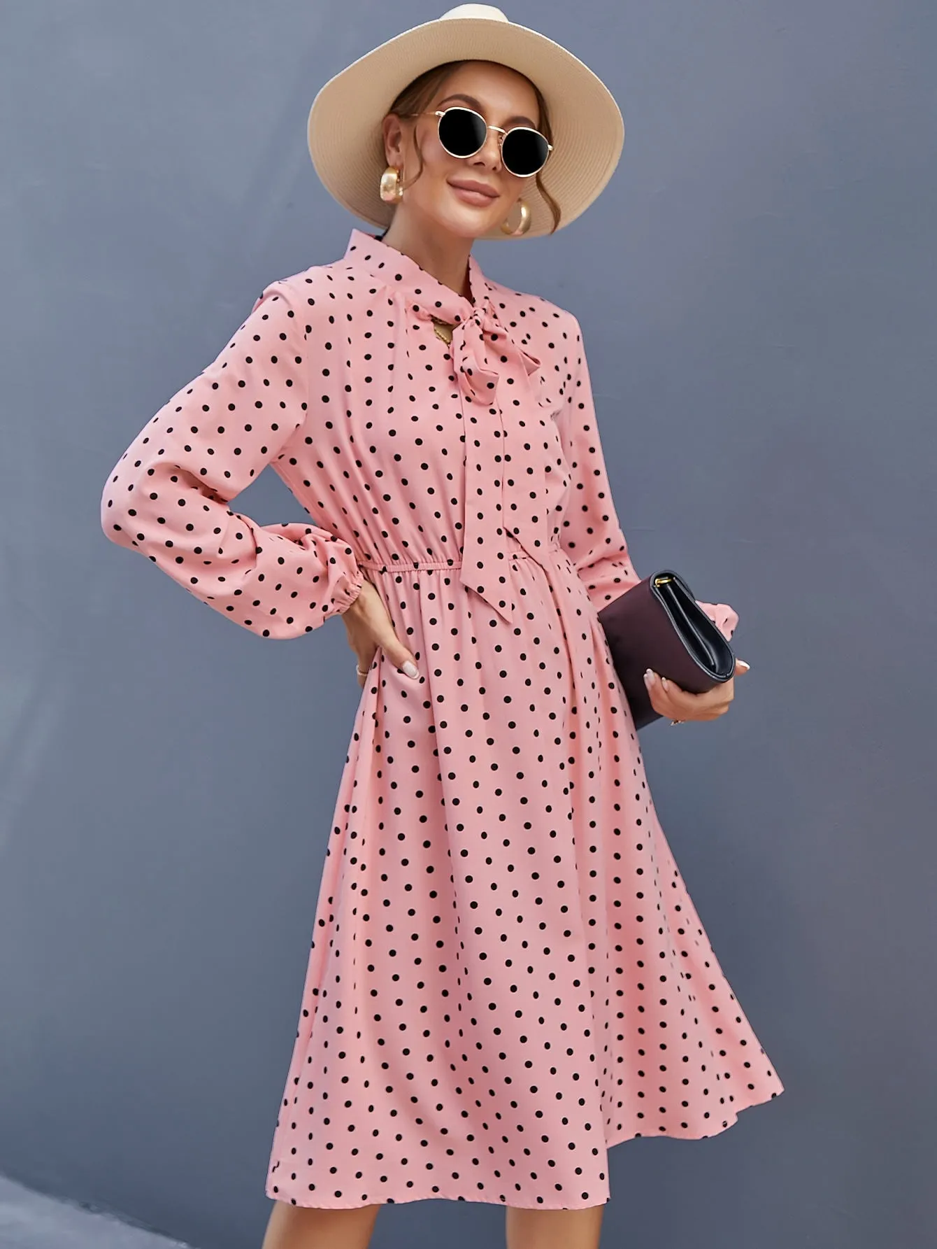 Elegant Polka Dot Tie Front Long Sleeve Tie Neck Flared High Waist Midi Dress