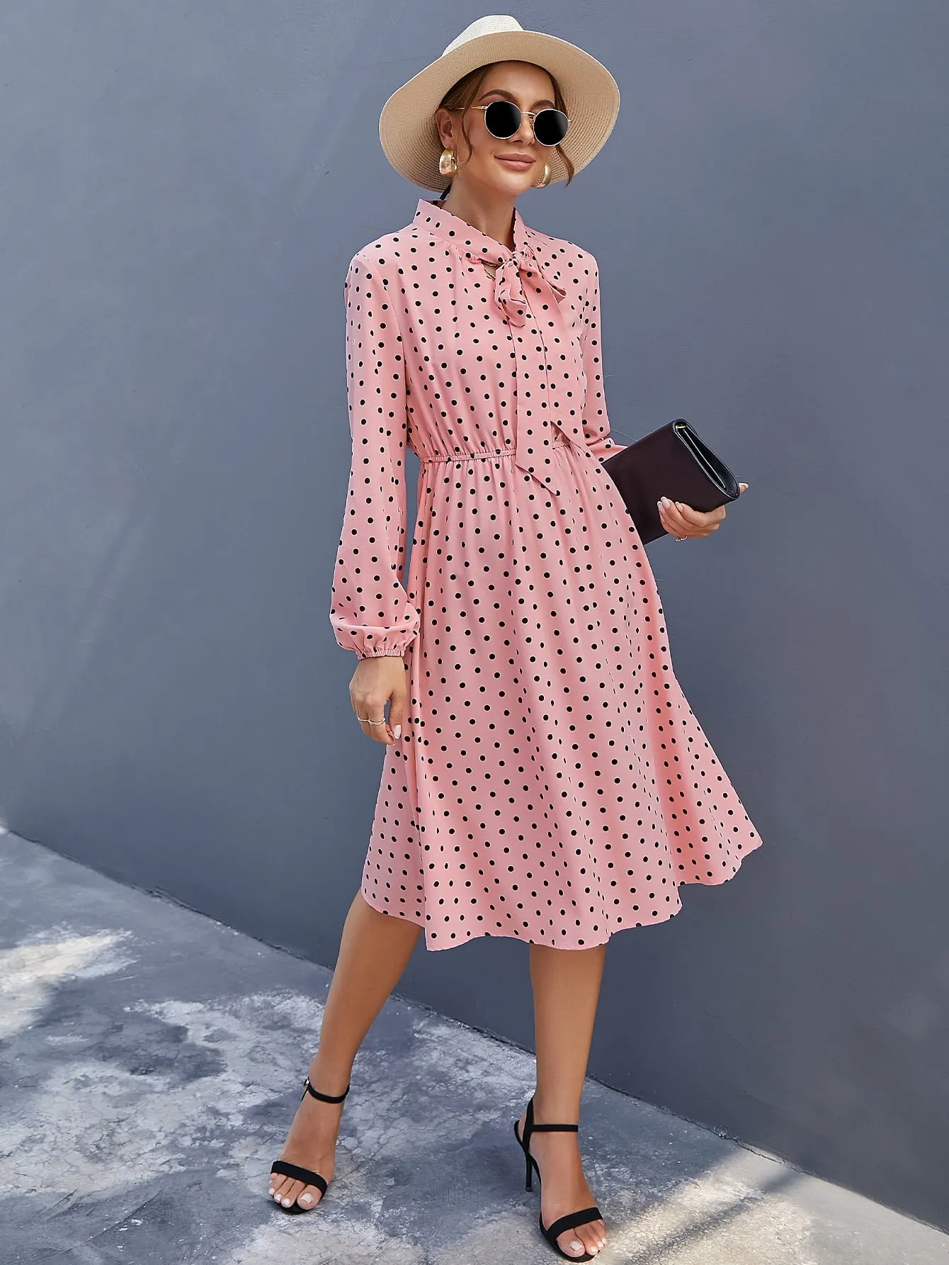 Elegant Polka Dot Tie Front Long Sleeve Tie Neck Flared High Waist Midi Dress
