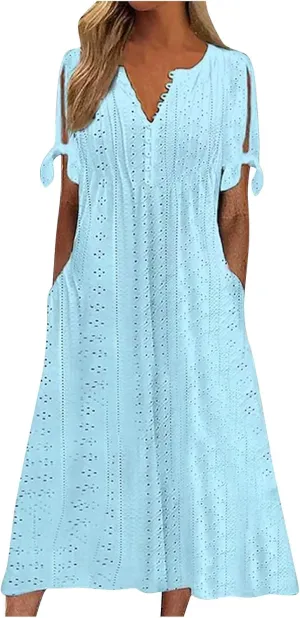 Eyelet Dress for Women Boho Summer Beach Vacation Loose Short Sleeve Cold Shoulder Shift Midi Dress with Pockets