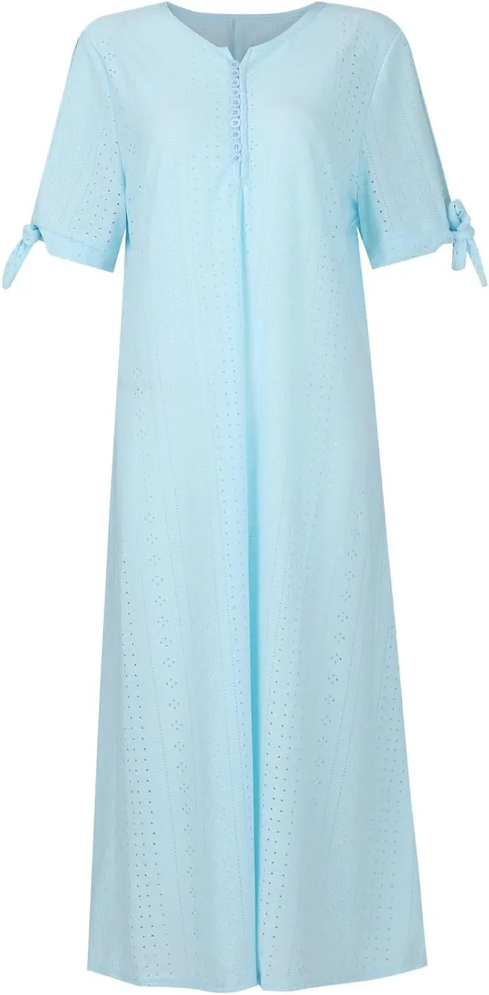 Eyelet Dress for Women Boho Summer Beach Vacation Loose Short Sleeve Cold Shoulder Shift Midi Dress with Pockets