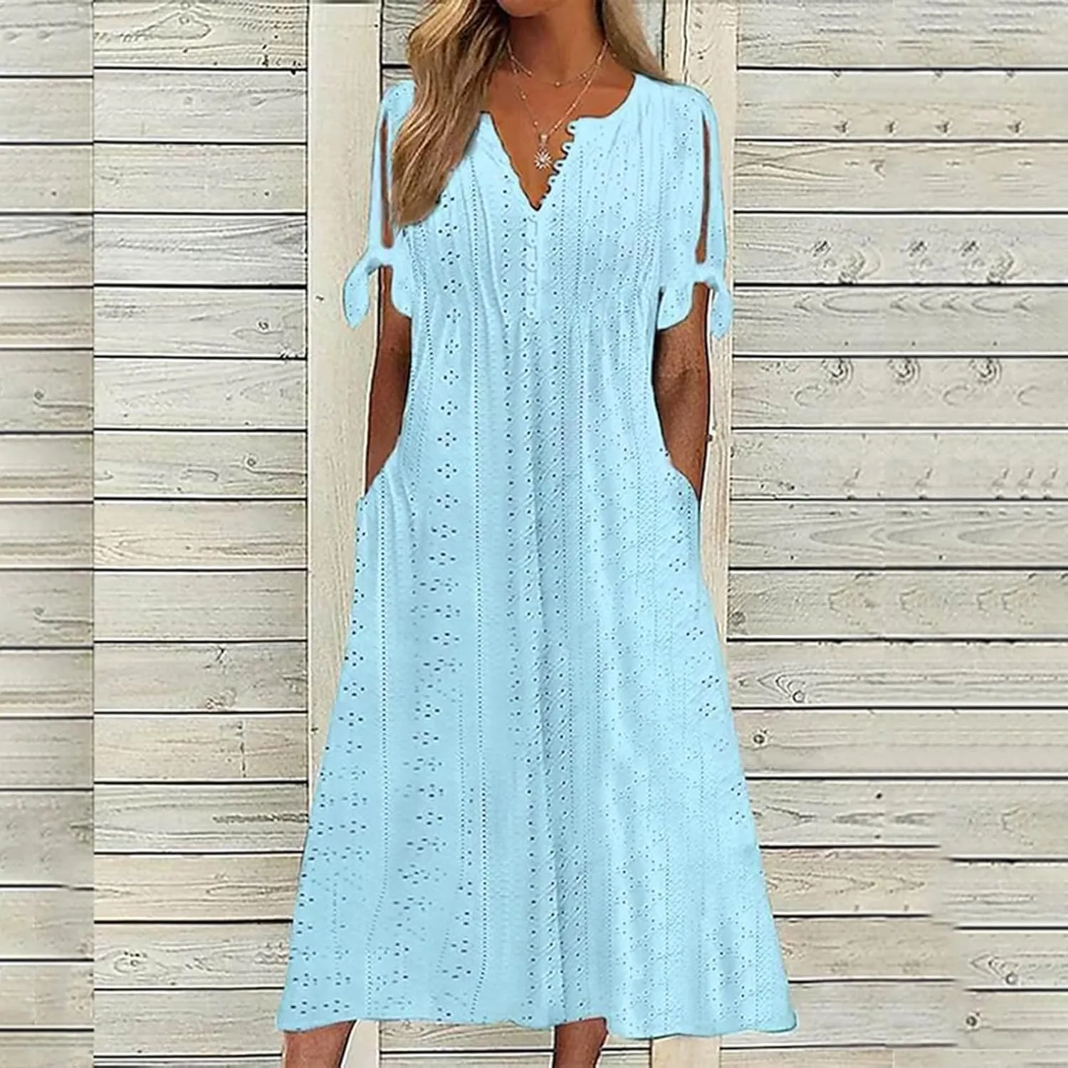 Eyelet Dress for Women Boho Summer Beach Vacation Loose Short Sleeve Cold Shoulder Shift Midi Dress with Pockets