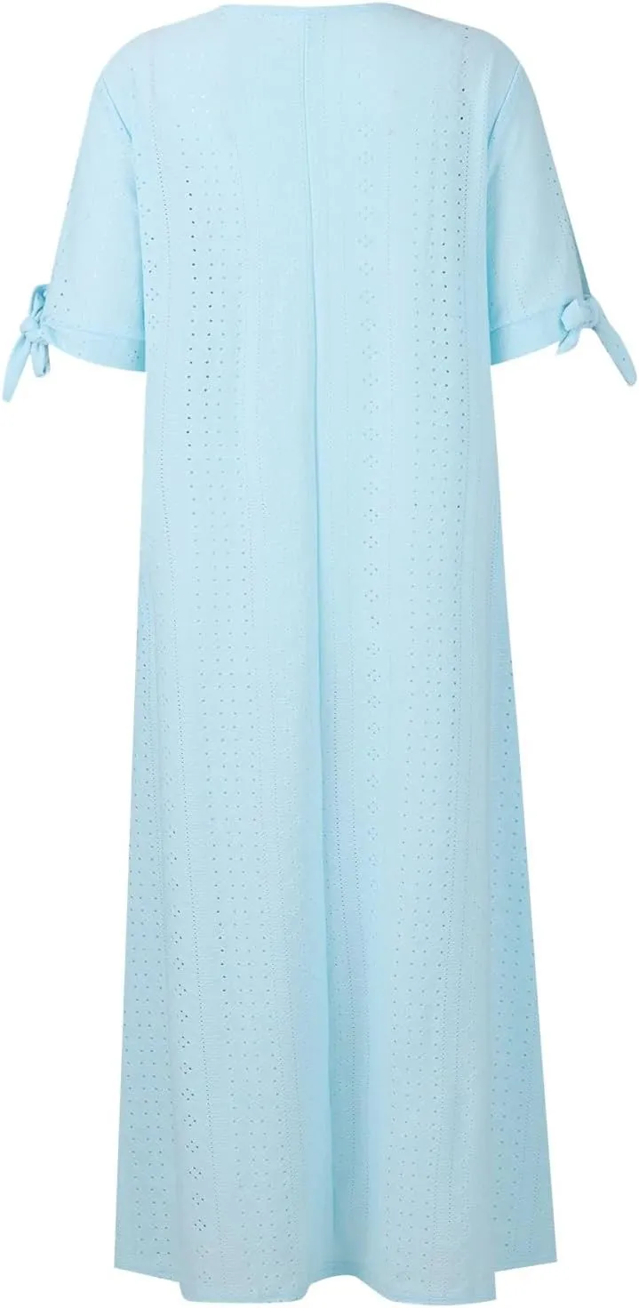 Eyelet Dress for Women Boho Summer Beach Vacation Loose Short Sleeve Cold Shoulder Shift Midi Dress with Pockets