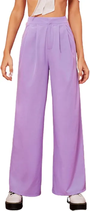 Floerns Women's Casual Wide Leg High Waisted Palazzo Pleated Pants Trousers Lilac Purple XL