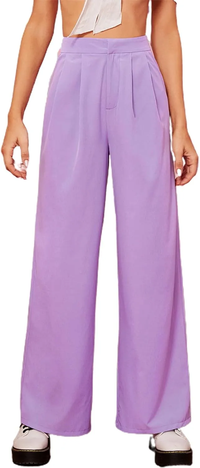 Floerns Women's Casual Wide Leg High Waisted Palazzo Pleated Pants Trousers Lilac Purple XL