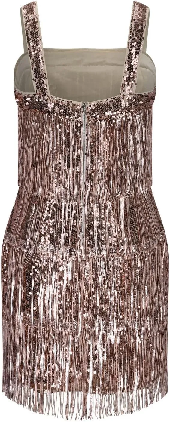 Formal Dresses for Juniors Sleeveless Spaghetti Strap Vneck Sequin Bling Fringe Dresses Homecoming Dresses Women