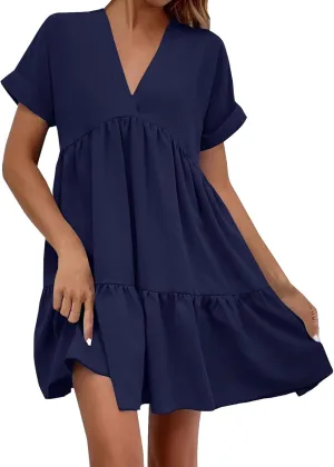 FZYLQY Womens Casual Dresses Short Sleeve V Neck Tiered Mini Dress Loose Fit Comfy Ruffle Swing Dress Trendy Beach Sundress