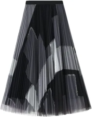 Geometric Print Y2K Skirt Women Long Midi Length Tulle Pleated Skirt