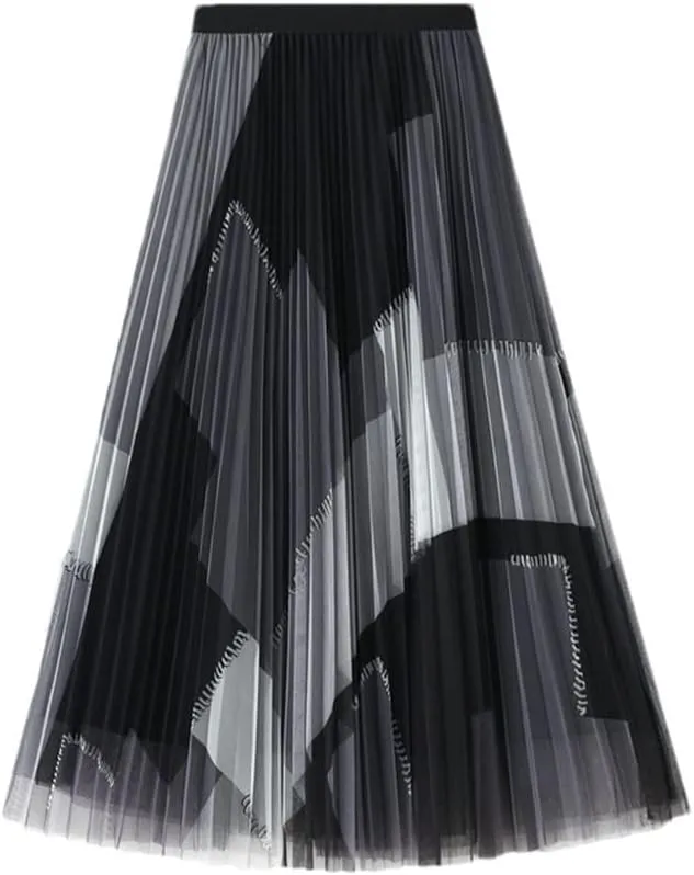 Geometric Print Y2K Skirt Women Long Midi Length Tulle Pleated Skirt