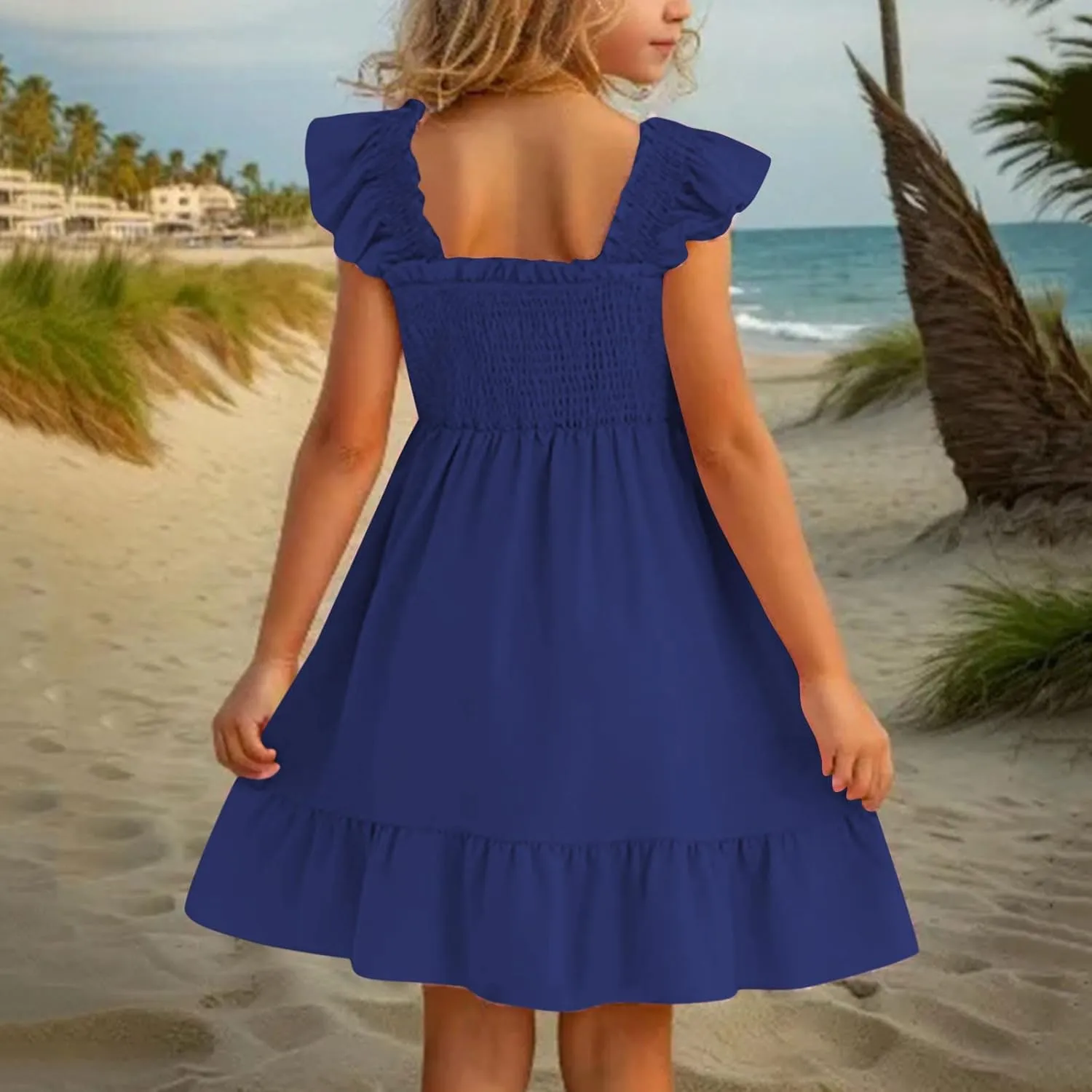 Girls Casual Dress Summer Flutter Sleeve Swing Dresses Kids Smocked Ruffle Mini Skirts Solid Color Tiered Sundress