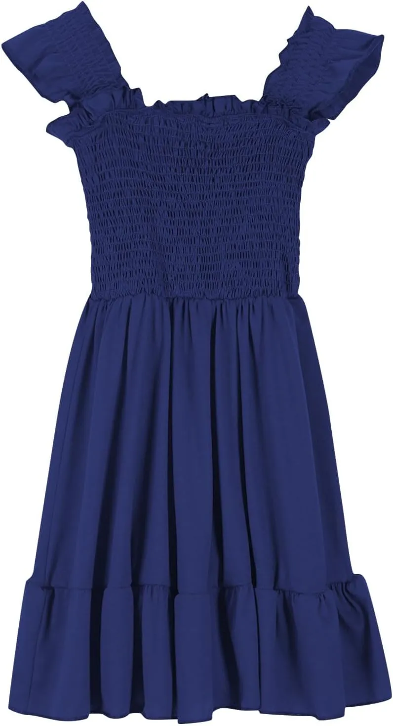 Girls Casual Dress Summer Flutter Sleeve Swing Dresses Kids Smocked Ruffle Mini Skirts Solid Color Tiered Sundress