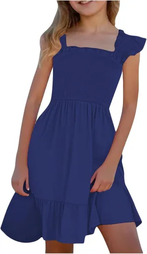 Girls Casual Dress Summer Flutter Sleeve Swing Dresses Kids Smocked Ruffle Mini Skirts Solid Color Tiered Sundress
