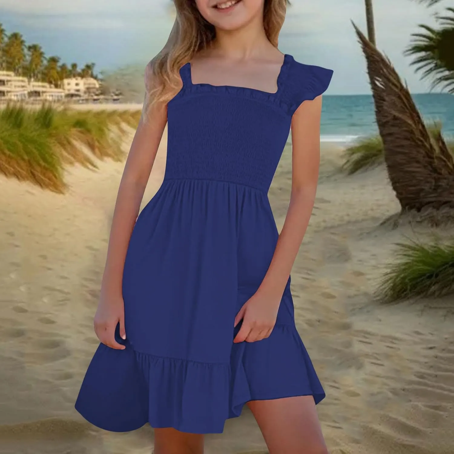 Girls Casual Dress Summer Flutter Sleeve Swing Dresses Kids Smocked Ruffle Mini Skirts Solid Color Tiered Sundress