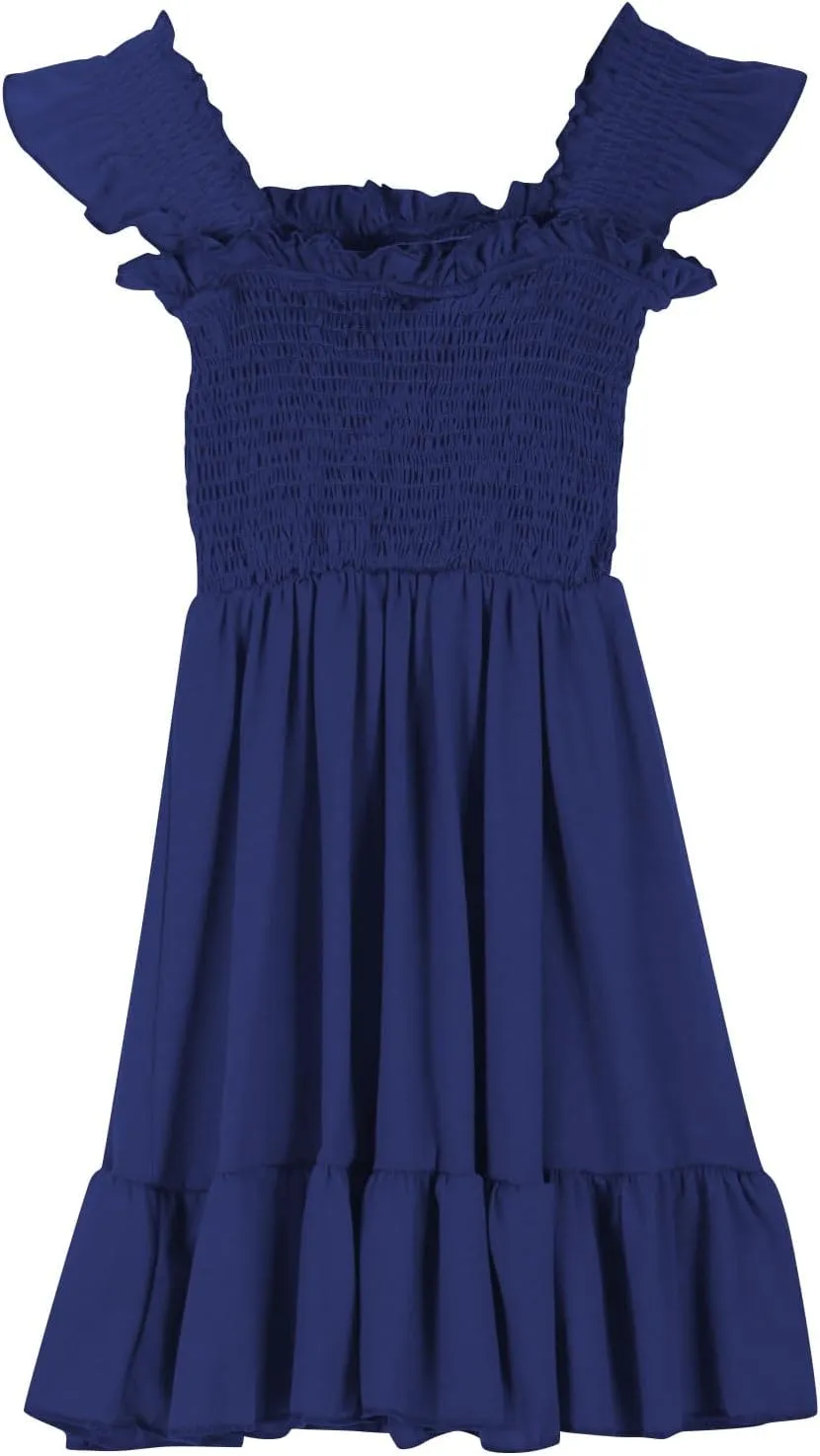 Girls Casual Dress Summer Flutter Sleeve Swing Dresses Kids Smocked Ruffle Mini Skirts Solid Color Tiered Sundress