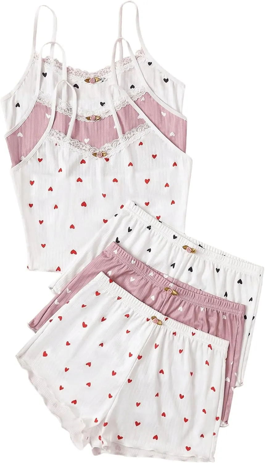 GORGLITTER Women's 6 Piece Heart Pajama Set Lace Spaghetti Strap Cami Top and Shorts Sleepwear