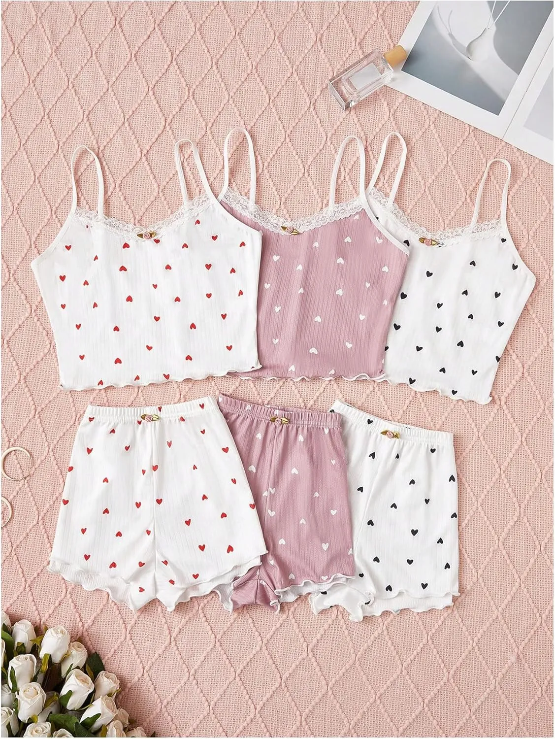 GORGLITTER Women's 6 Piece Heart Pajama Set Lace Spaghetti Strap Cami Top and Shorts Sleepwear