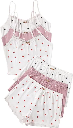 GORGLITTER Women's 6 Piece Heart Pajama Set Lace Spaghetti Strap Cami Top and Shorts Sleepwear