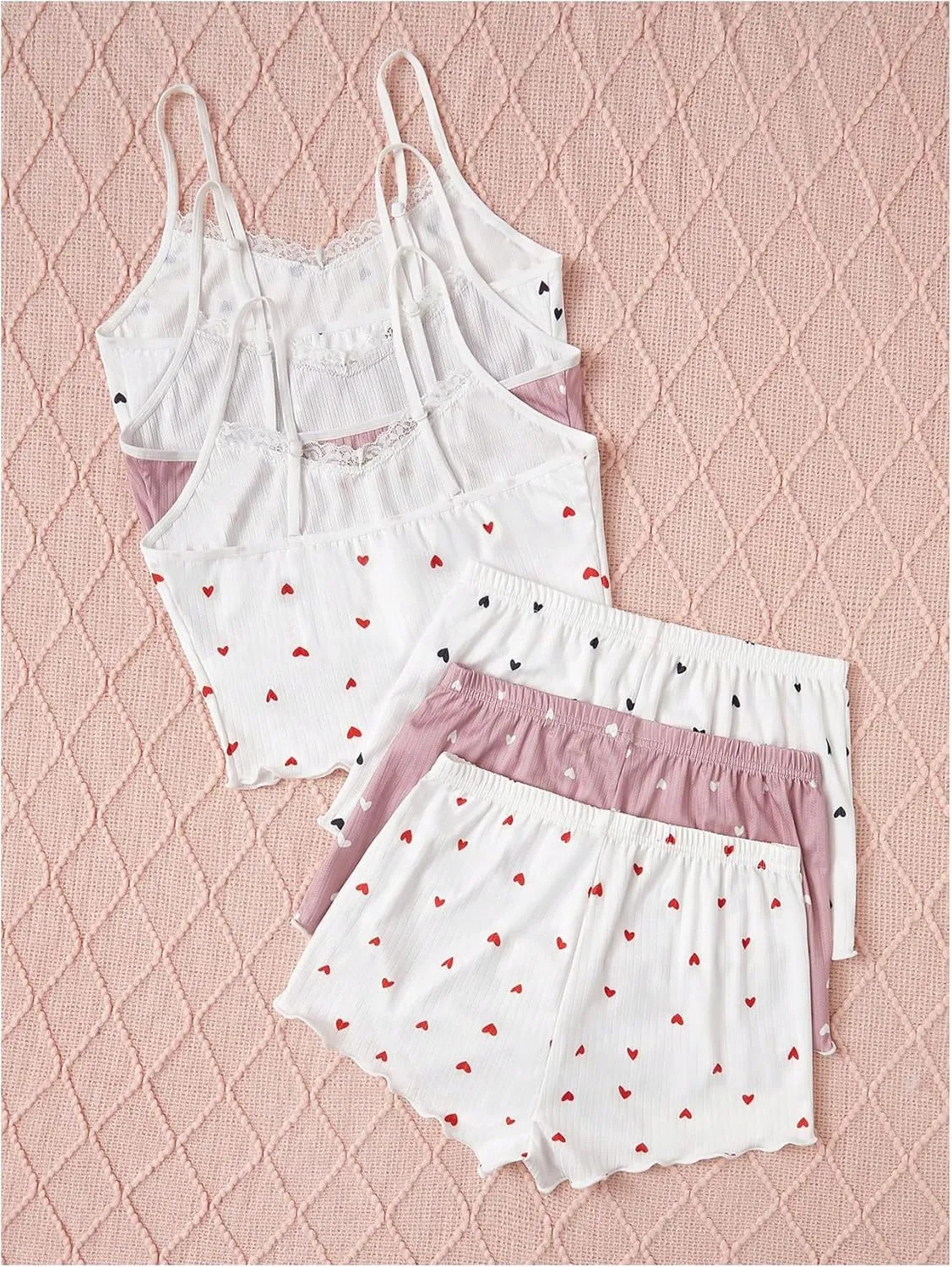 GORGLITTER Women's 6 Piece Heart Pajama Set Lace Spaghetti Strap Cami Top and Shorts Sleepwear