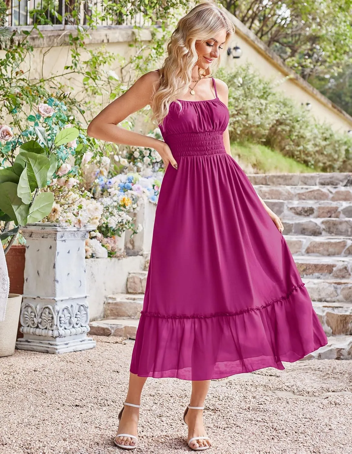 GRACE KARIN Womens 2025 Summer Dress Casual Sleeveless Spaghetti Strap Smocked Ruffle Beach Long Maxi Dress with Pockets