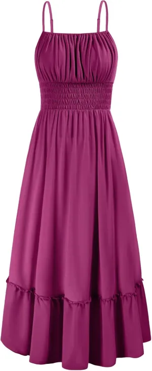 GRACE KARIN Womens 2025 Summer Dress Casual Sleeveless Spaghetti Strap Smocked Ruffle Beach Long Maxi Dress with Pockets