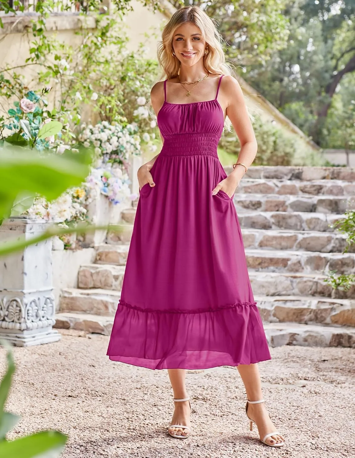 GRACE KARIN Womens 2025 Summer Dress Casual Sleeveless Spaghetti Strap Smocked Ruffle Beach Long Maxi Dress with Pockets